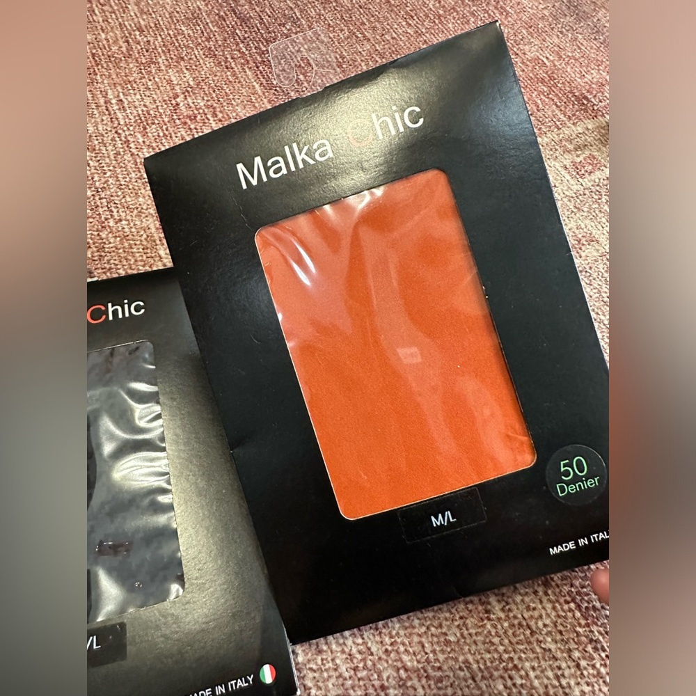 Lot of 2 Malka opaque tights M/L orange and dog tooth grey and black